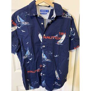 Vintage‎ Nautica Blue Sail ALL OVER PRINT Sailing Shirt Men’s Sz M
